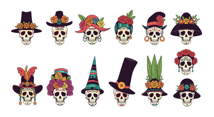 A collection of pixel art skulls adorned with festive hats and floral decorations.