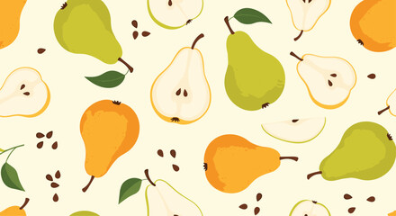 A vibrant illustration of ripe pears and pear slices scattered across a pale yellow background.