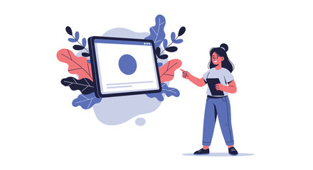 A person pointing at a digital screen displaying a circular element and abstract floral shapes.