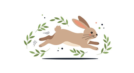 Cute brown bunny rabbit running through green foliage and leaves.