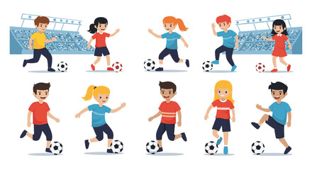 Children playing soccer on a stadium background