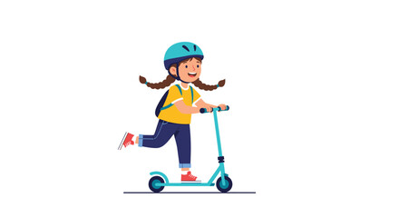 A young girl wearing a helmet and backpack rides a blue scooter.
