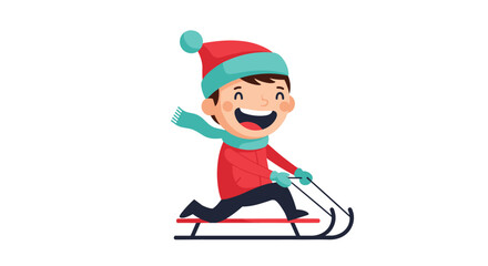 A happy young boy wearing winter clothing enjoys a thrilling ride down a snowy hill on his sled.