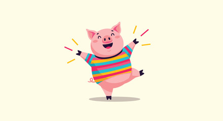 A happy cartoon pig wearing a striped sweater jumping with joy.