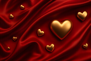 Luxury Valentine background, golden hearts and red silk fabric folds.