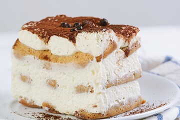 A slice of creamy Italian tiramisu cake served on a white plate, dusted with cocoa powder, isolated on bright background. Perfect for food photography and dessert concepts.