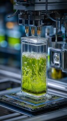 A glass photobioreactor in close-up, displaying a green microalgae culture that is bubbling and passing via an automated system