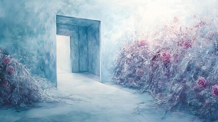 A surreal doorway leads to a luminous, ethereal landscape with blooming roses.