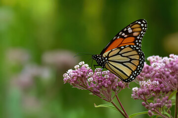 Fototapeta premium Vibrant butterfly with orange and black wings delicately perched on pink flowers, set against lush green background, creating serene and natural scene