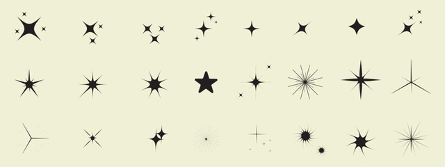Set of sparkling stars icon. Various stars in white color isolated. Different shine or sparkle. Decorative twinkle and bursts forms, shining flash symbols, glowing light effect. Vector EPS 10.