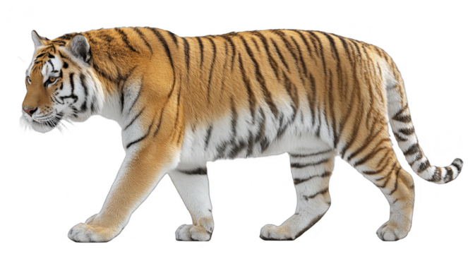 A tiger with distinct stripes is walking, showcasing its powerful physique and tawny coat in a natural setting.