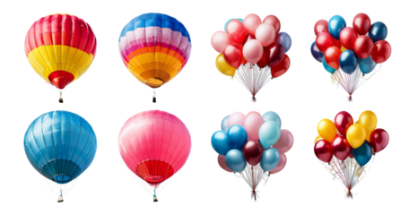 Colorful Hot Air Balloons and Festive Party Balloons Collection, Bundle Set Collection, Isolated on Transparent Background