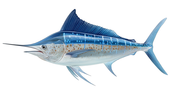 A vividly colored blue marlin showcasing its unique patterns and long bill, representing marine biodiversity in the ocean.