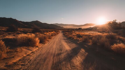 Fototapeta premium Dusty dirt road leads through dry brush towards a hazy sunset.