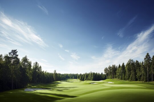 fairway. Vast green golf course under bright sunlight, capturing the tranquility of open landscapes. travel magazines, destination branding, designed for outdoor magazines and nature guides.
