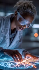 Working with a bright holographic neural network display, a scientist in a lab coat and safety goggles manipulates future augmented reality data at a state-of-the-art research facility.