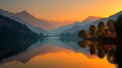 Fototapeta premium Peaceful lake at golden sunset with glowing reflection on calm water, minimal mountain silhouettes and wide clear sky above perfect for poetic or inspirational text placement