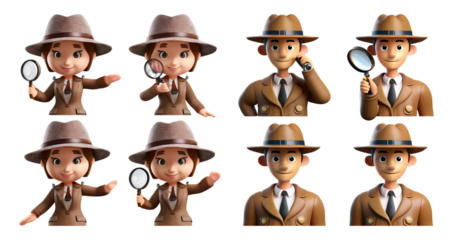 Playful Detective Characters Engaged in Various Investigative Activities, isolated on transparent background
