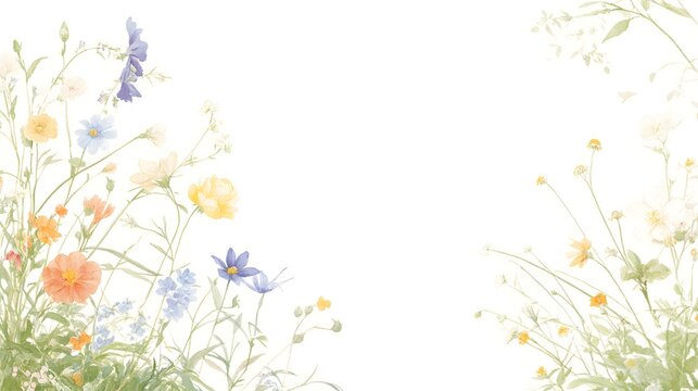 Delicate wildflowers bloom in a soft, airy watercolor composition. - Powered by Adobe