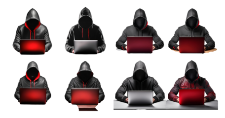Diverse Hooded Figures Engaged in Various Laptop Activities, Bundle Set Collection, Isolated on Transparent Background