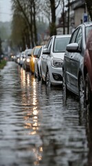 Following heavy rain, a line of automobiles partially submerged in water