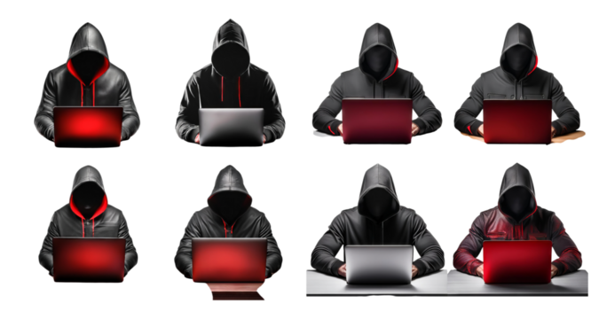 Diverse Hooded Figures Engaged in Various Laptop Activities, Bundle Set Collection, Isolated on Transparent Background