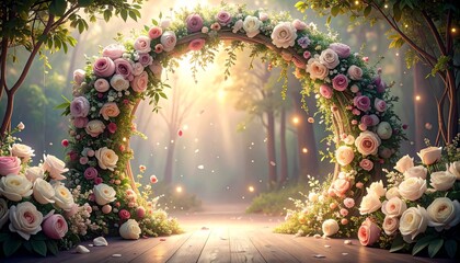 A beautiful floral archway with pink and white roses stands illuminated in an enchanting forest clearing.