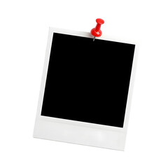 Blank instant photo frame pinned to a transparent background with a red pushpin
