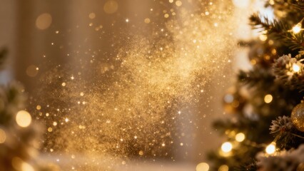 Sparkling golden dust and lights create a magical holiday atmosphere.