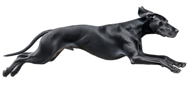 A black sleek dog is captured in mid-air while running with its legs fully extended, showcasing its athletic and graceful movement.