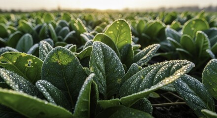 Obraz premium Close-up of vibrant green crop leaves covered in sparkling morning dew, illuminated by the golden light of sunrise in an agricultural field.
