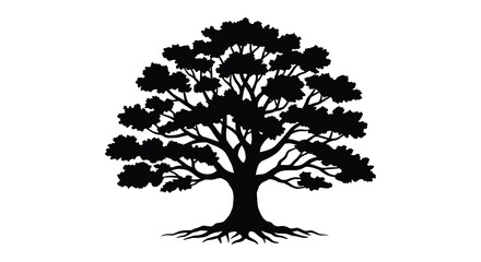 Fototapeta premium A majestic oak tree with a full canopy and exposed roots rendered in a striking black silhouette against a white background