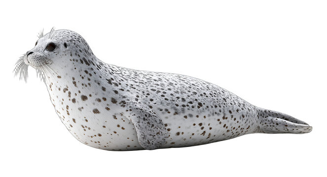 A spotted seal lying on a white background, showcasing its distinctive spotted pattern and marine mammal features.