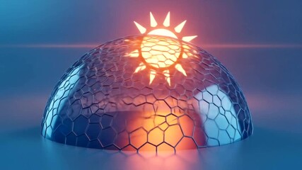 Futuristic dome structure illuminated by a sun graphic at sunset - Powered by Adobe