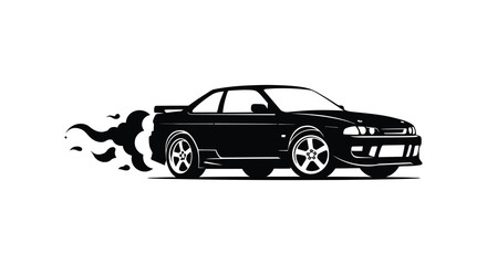 Dynamic black silhouette of a sports car performing a drift with smoke trailing behind it