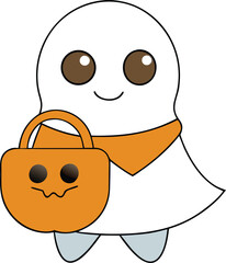 A whimsical ghost carrying a bag beside a carved pumpkin, set against a festive Halloween backdrop.