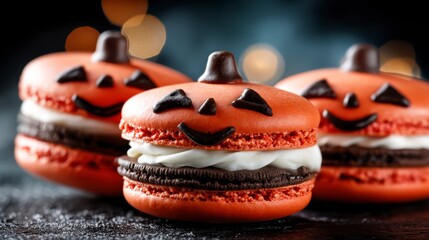Obraz premium Delightful Halloween-Themed Macarons Featuring Pumpkin Faces and Creamy Filling Perfect for Festive Celebrations and Seasonal Treats