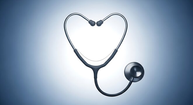 Conceptual illustration of a stethoscope shaped like a heart, symbolizing cardiology, healthcare, and love for medicine on a blue background