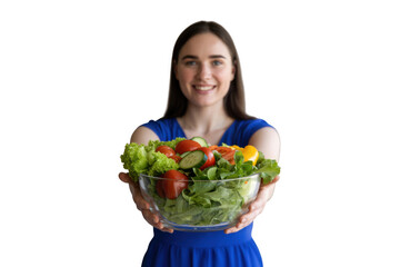 Woman holding a fresh salad isolated on transparent background