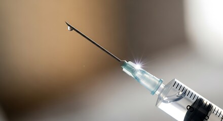 Macro shot of a hypodermic needle with a droplet of medicine poised for injection, symbolizing healthcare, vaccination, and scientific advancement