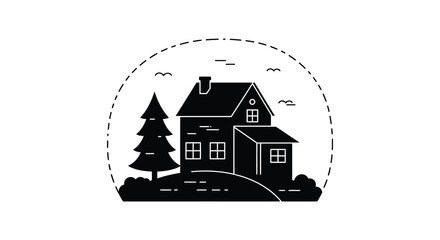 Charming rustic house with a tall evergreen tree and birds in the sky silhouette