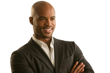Smiling bald black man in suit isolated on transparent background
