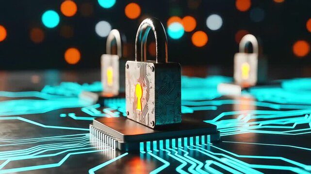 Digital security concept with glowing padlocks and circuit board elements on a blurred bokeh background