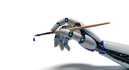 Robotic hand with paintbrush creating art, concept of artificial intelligence in creativity and innovation