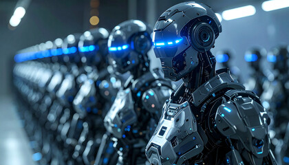 Fototapeta premium Futuristic army of humanoid robots standing in formation with blue LED lights, concept of artificial intelligence and technology.