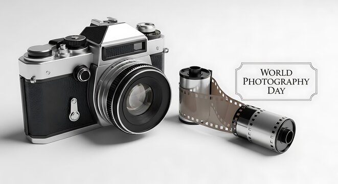 Celebrating World Photography Day with a classic single-lens reflex camera and a roll of 35mm film on a clean white background