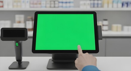 hand using green screen pos system in modern retail store