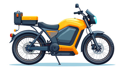 Fototapeta premium A modern yellow and dark gray electric motorcycle with a rear storage box, designed for urban commuting or delivery, isolated on a white background.