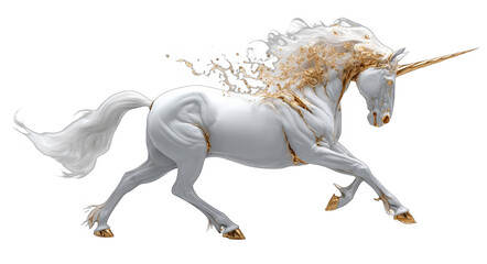 Fototapeta premium A white unicorn with golden details is depicted in a dynamic running pose, showcasing fantasy and mythical elements.