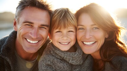 Fototapeta premium Happy family with child smiles brightly at the camera in warm sunlight.
